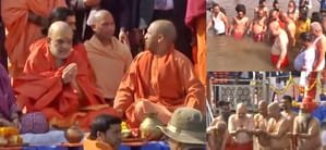 Home Minister Amit Shah takes holy dip in Sangam, CM Yogi accompanies him to ghat